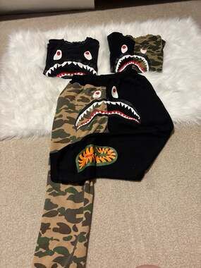 A Bathing Ape Shark Set-Camo Split Sweatpants, Colorblock T-Shirt &Logo Tee